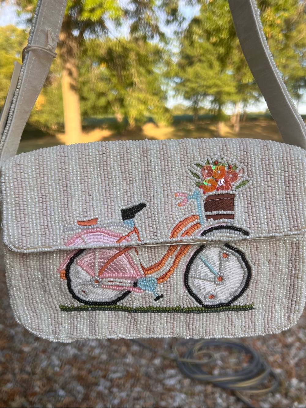 Sol and Mer Beaded Bicycle Baguette Shoulder Bag NWT Cream Floral Boho Coquette